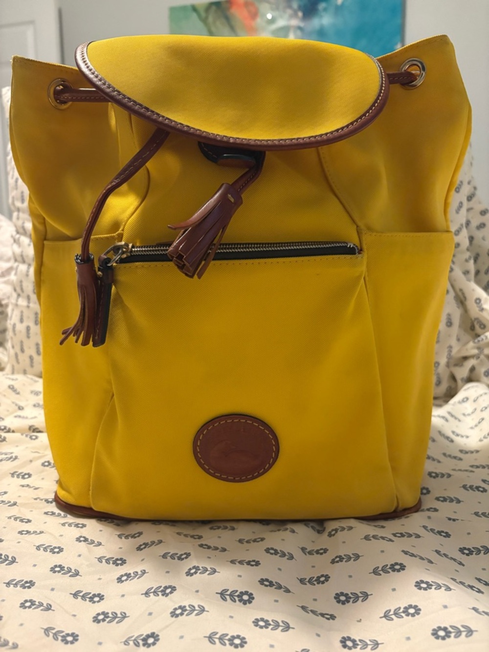 Dooney & Bourke Yellow Drawstring Backpack with Brown Leather Trim